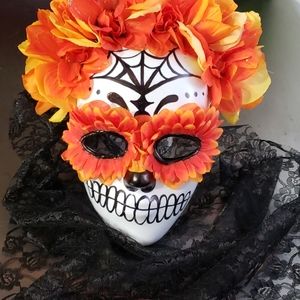 Day of the dead mask, orange and yellow with veil